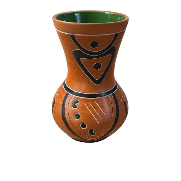 Vintage Mexican Terracotta Vase 9" Folk Art Pottery Green Glazed Interior - Picture 3 of 6